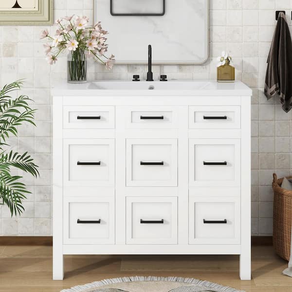 Zeus & Ruta 36 in. W x 18 in. D x 34 in. H Freestanding Bath Vanity in White with White Resin Top, 4-Drawers and 2-Doors