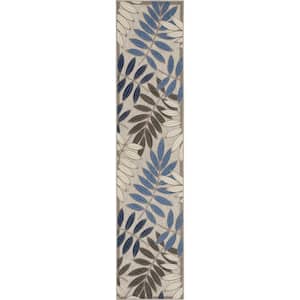 Aloha Gray/Blue 2 ft. x 6 ft. Kitchen Runner Floral Contemporary Indoor/Outdoor Patio Area Rug