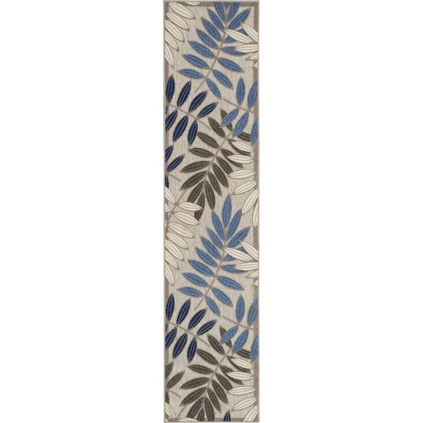 Aloha Gray/Blue 2 ft. x 8 ft. Kitchen Runner Floral Contemporary Indoor/Outdoor Patio Area Rug