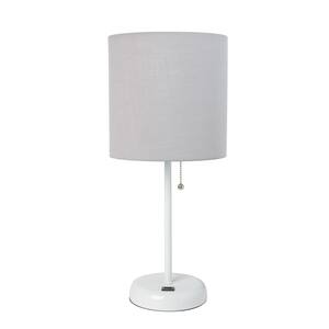 19.5 in. Grey and White Stick Lamp with USB Charging Port and Fabric Shade
