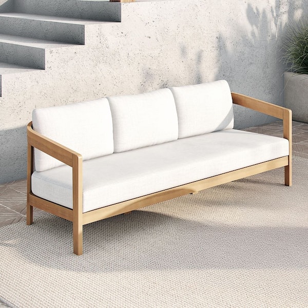 New Classic Furniture Wesley Wood Outdoor Couch with White Cushions