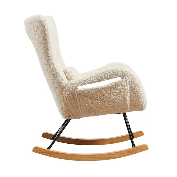 Tenleaf Brown Wood Outdoor Rocking Chair with Beige Cushion, High Backrest