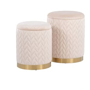 Marla Cream Velvet And Gold Metal Quilted Nesting Ottoman Set