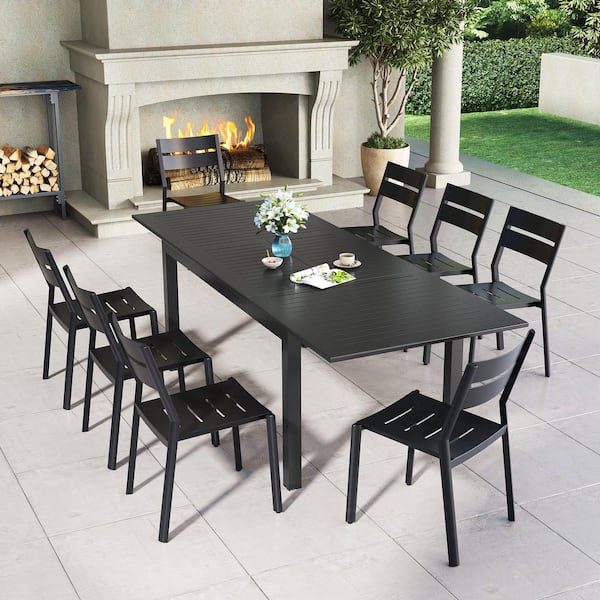 Pellebant Black 9-Piece Aluminum Outdoor Dining Set with Expandable Rectangle Table and 8-Stackable Chairs