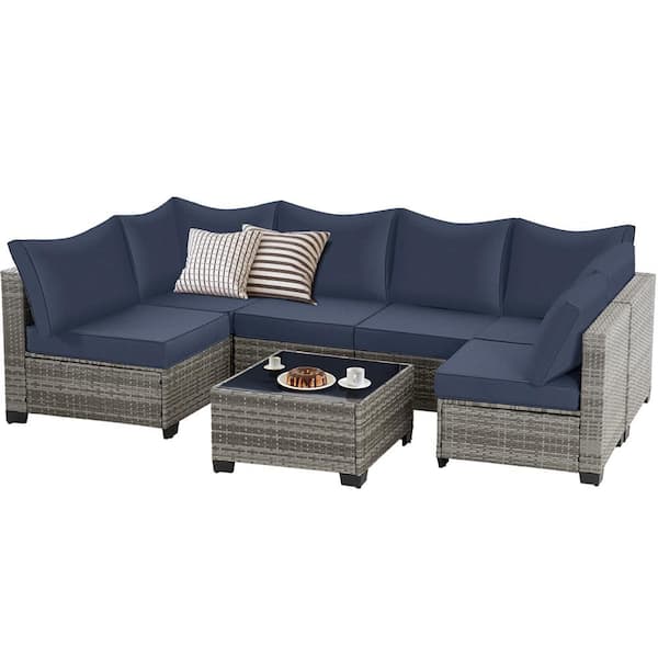 7 Gray Pieces Wicker Outdoor Sectional Set with Table and Gray Cushions