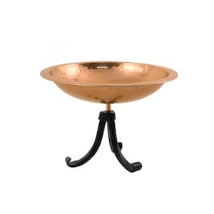 12.5 in. Dia Polished Copper Plated Hammered Copper Birdbath with Tripod Stand