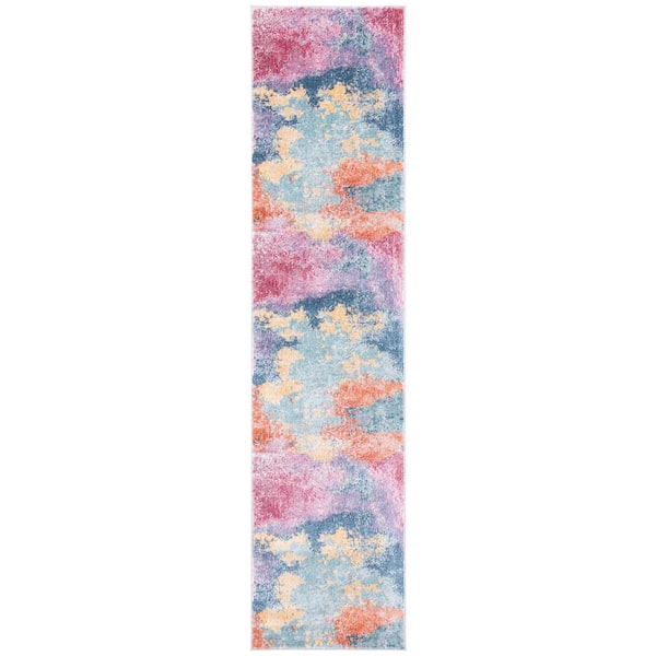 Porcello 2 ft. x 9 ft. Blue/Pink Distressed Marble Runner Rug