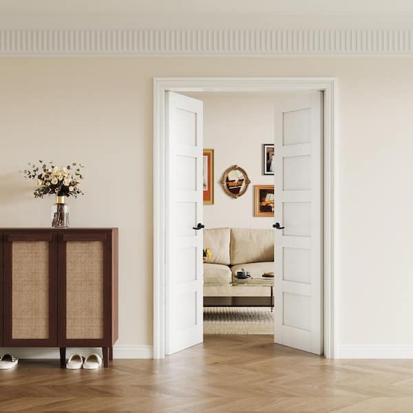 48 in. x 80 in. Paneled Blank 5-Lite White Solid Core MDF Universal Handed Double Prehung French Door with Assemble Jamb