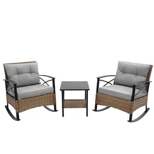 3- Piece Natural Wicker Rattan Outdoor Rocking Chair Set with 2 Gray Cushion and 1 Table