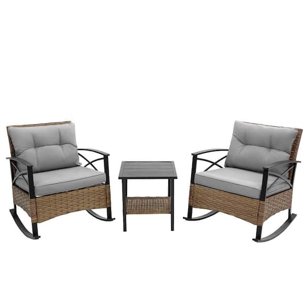 Zeus & Ruta 3- Piece Natural Wicker Rattan Outdoor Rocking Chair Set with 2 Gray Cushion and 1 Table