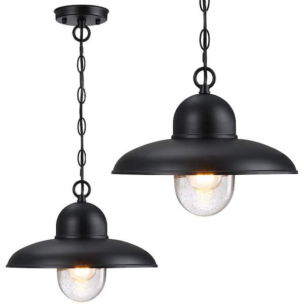 pasentel 12 in. 1-Light Matte Black Outdoor Pendant Light Fixture with Round Clear Seeded Glass