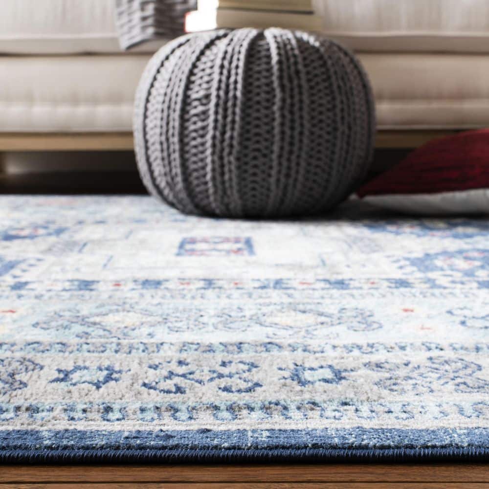 Blue and Cream Geometric Synthetic Runner Rug 2' x 8'