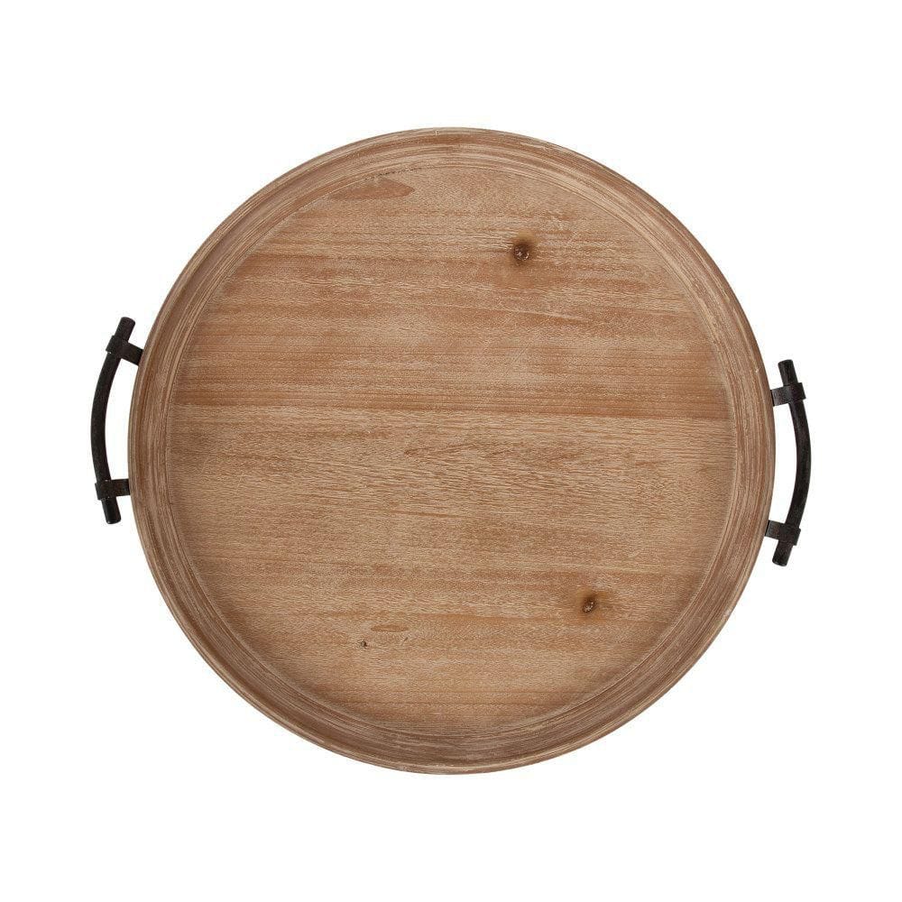 Bruillet Rustic Brown Round Wood Ottoman Tray with Black Metal Handles
