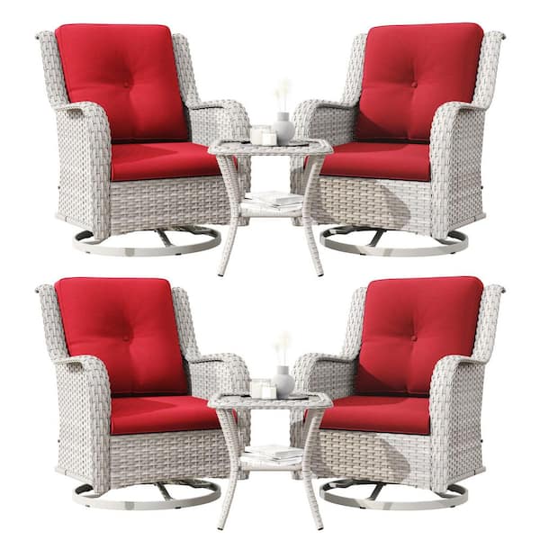 Gray 6-Piece Rattan Wicker Patio Conversation Set with Red Cushions Garden Lawn