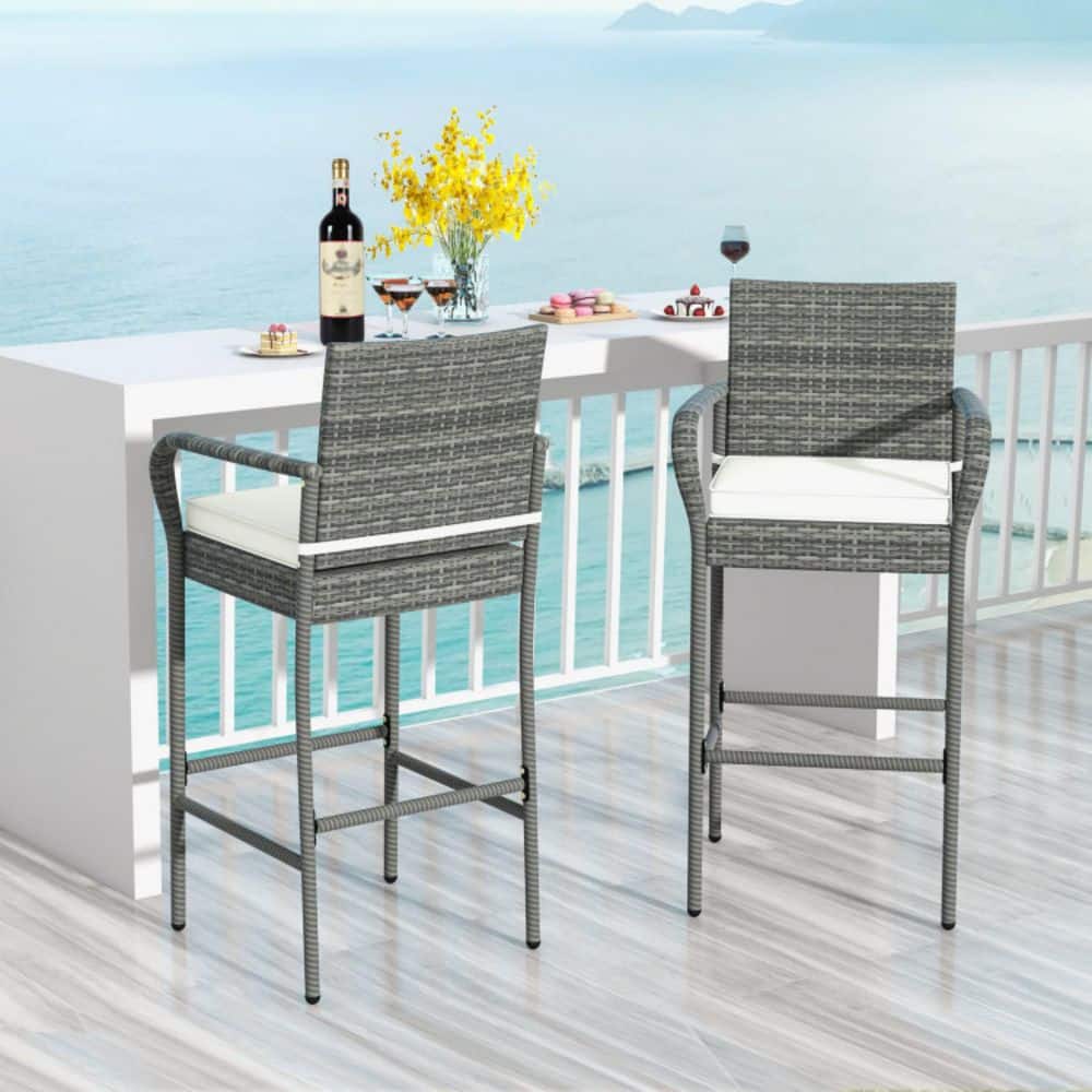 46 in. H Wicker Metal Outdoor Bar Stool with Off White Cushions Patio Bar Height Stools for Porch Backyard (Set of 2) price history on PriceWatchPro