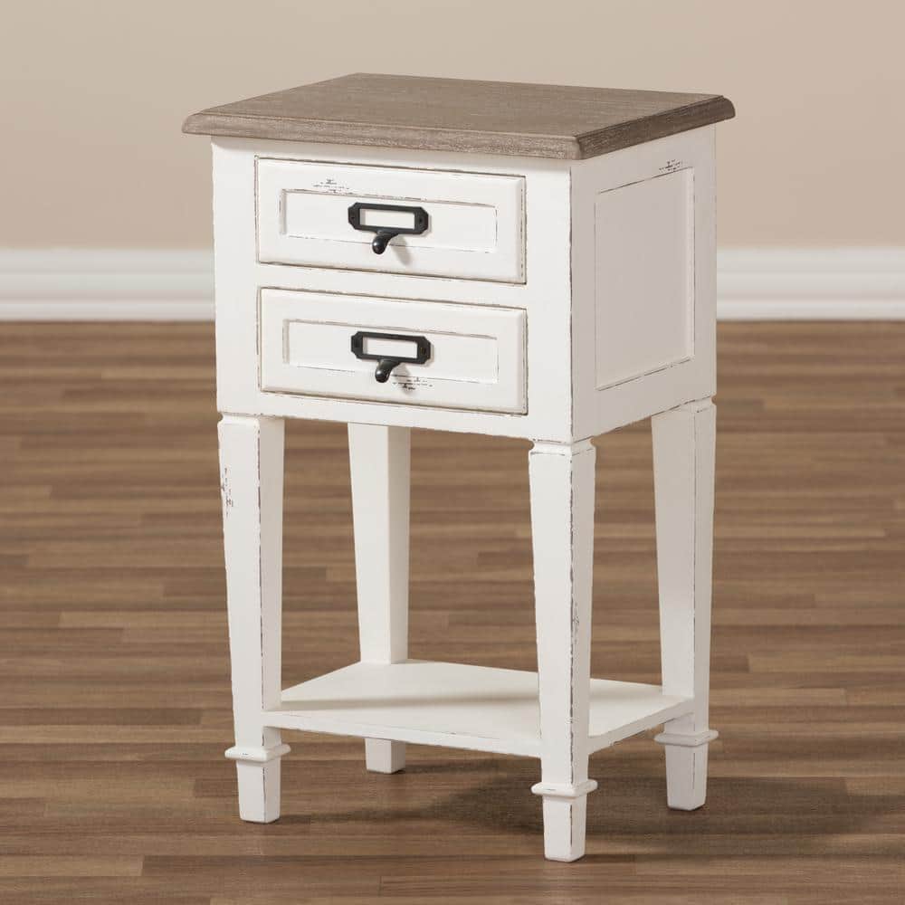 Dauphine Provincial Style 2-Drawer Nightstand in Distressed White and Oak