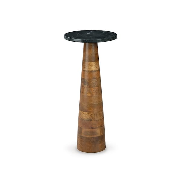 Signature DESIGN BY ASHLEY Quinndon 10 in. Brown Round Marble End Table with Pedestal Base and Finished