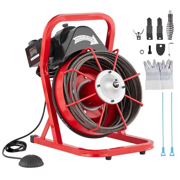 Drain Cleaner Machine 50FT. x 3/8 in. Sewer Snake Auger Manual Feed 250W Electric Drain Cleaning Machine with 4 Cutters