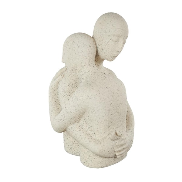 White Polystone Hugging People Sculpture with Black Speckles