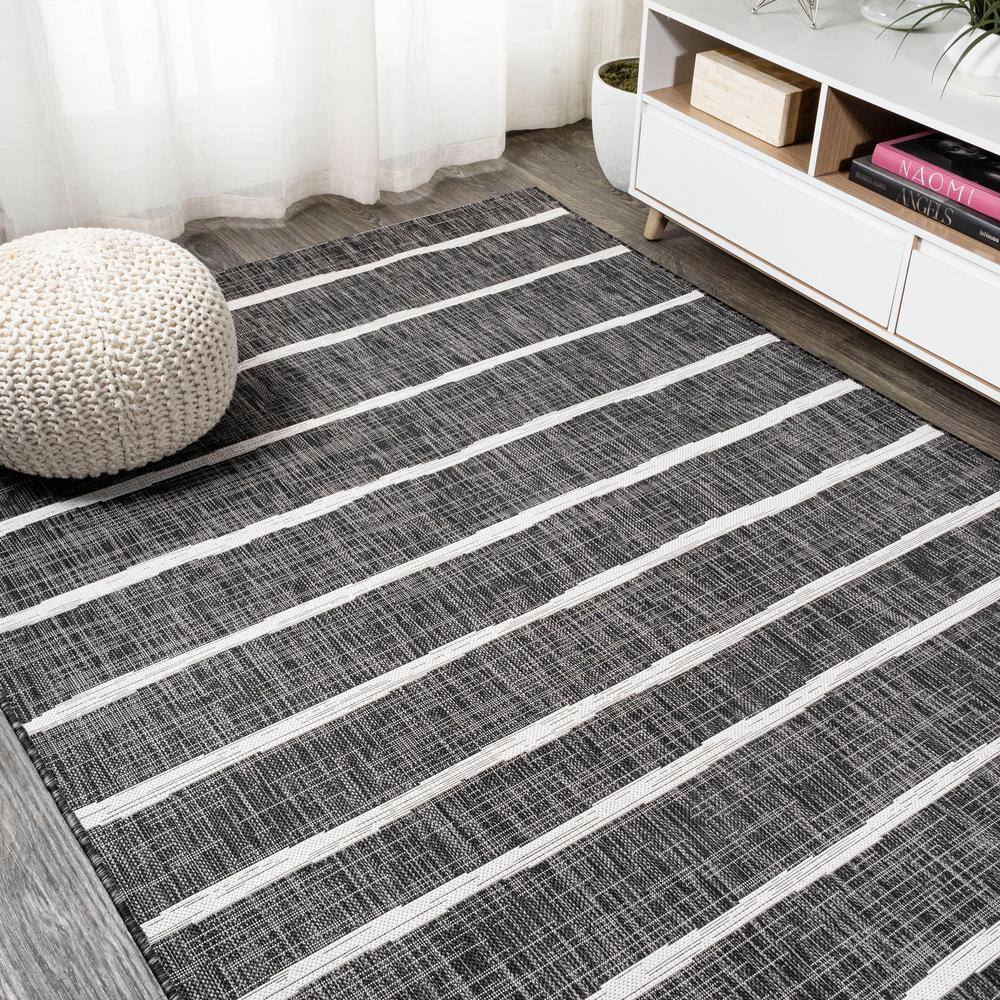 3' x 5' Black and Ivory Synthetic Stripe Rectangular Rug