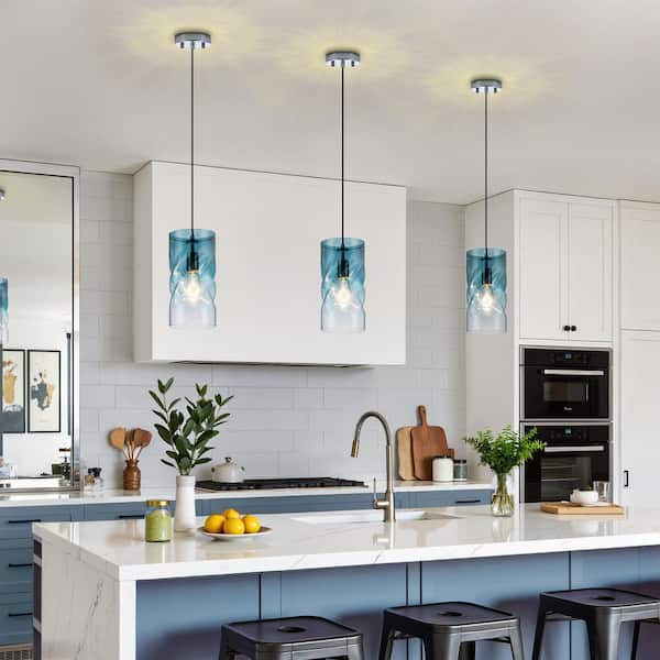 Rayhome 1-Light Coastal Modern Cylinder Teal Blue Pendant Light with Hand-Blown Spiral Hammered Glass for Kitchen Island