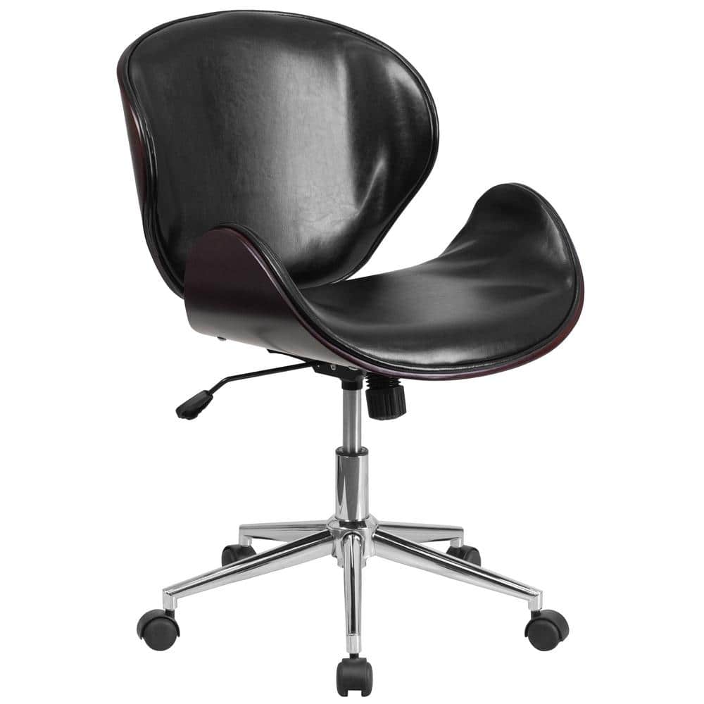 Ergonomic Mahogany Wood and Black Leather Mid-Back Swivel Office Chair