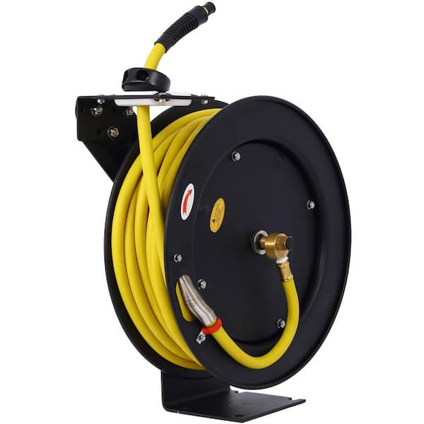 Air Hose Reel Retractable 3/8 in. x 50 ft. Foot SBR Rubber Hose Max 300PSI Heavy Duty Steel Single Arm Construction