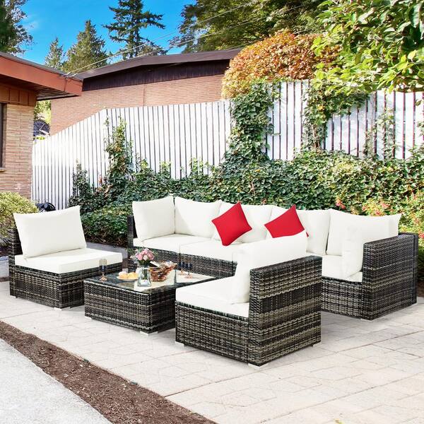 Costway 7-Pieces Patio Rattan Furniture Set Sectional Sofa Garden