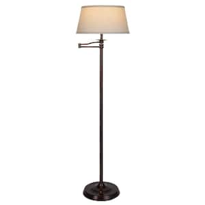 Caden 62 in. Oil Brushed Bronze Mid-Century Modern 1-Light Extendable LED Floor Lamp with Beige Fabric Drum Shade
