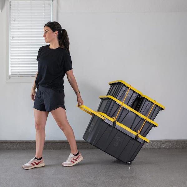 HDX 27 Gal. Tough Storage Tote with Wheels and Handle in Black and