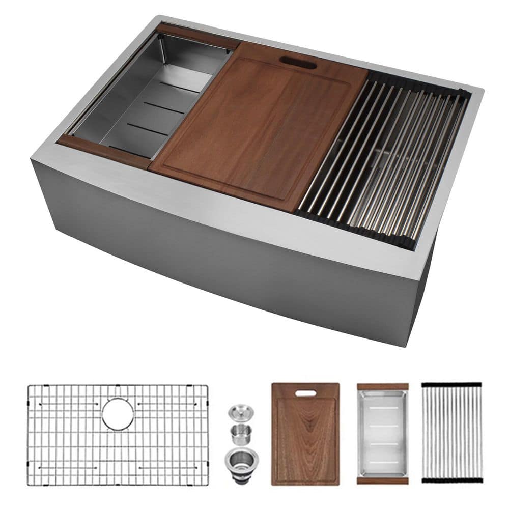 Brushed Chrome Stainless Steel 33 in. x 22 in. Single Bowl Undermount Kitchen Sink with Bottom Grid