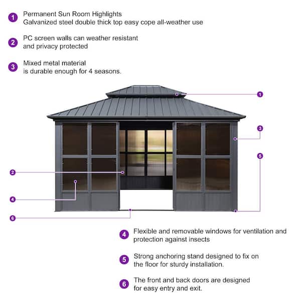 PURPLE LEAF 12ft.x14ft. Sunroom Hardtop Gazebo Solarium Galvanized PURPLE LEAF 12ft.x14ft. Sunroom Hardtop Gazebo Solarium Galvanized