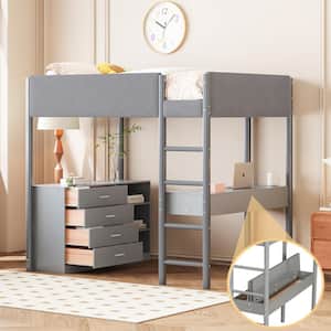 Gray Wood Frame Full Size Teddy Fleece Upholstered Loft Bed with 4-Drawers, Shelves, Built-in Desk with Hidden Storage