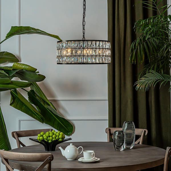 6-Light W20'' Modern Matte Black Crystal Chandelier Round Drum Pendant Light Fixture for Dining Room Kitchen