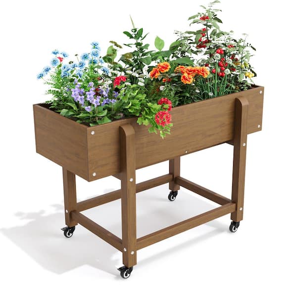 LUE BONA 39 in. x 16.7 in. x 28 in. Teak Brown Plastic Mobile Elevated Planter with Lockable Wheels, Liner
