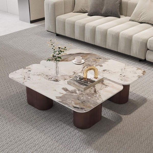 Modern 39 in. Square Pandora Sintered Stone Coffee Table Rounded Edge with Non-Slip Feet for Living Room