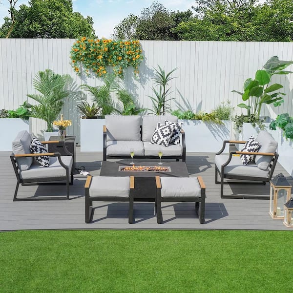 moda furnishings Black 7-piece Aluminum Patio Fire Pit Set with Gray Cushions