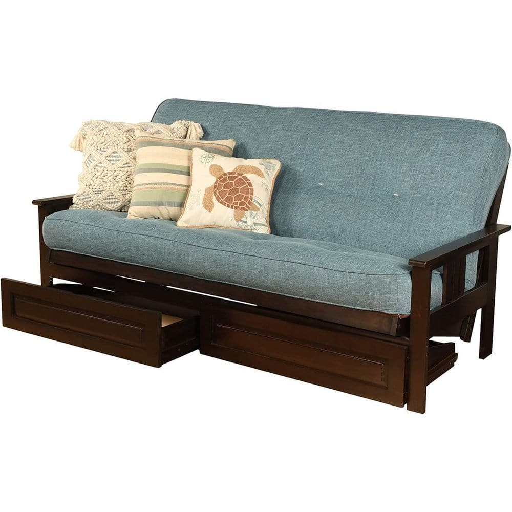 79 in. Espresso/Linen Aqua Linen Upholstered Full Size Futon Set with Mattress and Storage Drawers