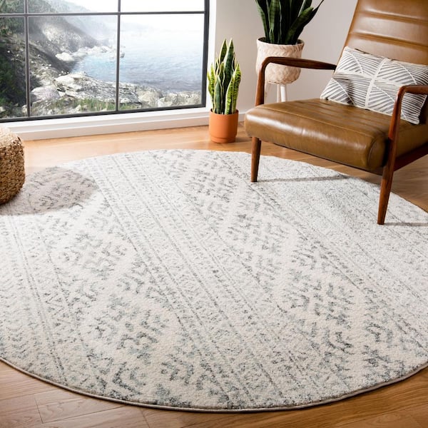 Tulum Ivory/Gray Doormat 3 ft. x 3 ft. Round Tribal Geometric Striped Area Rug