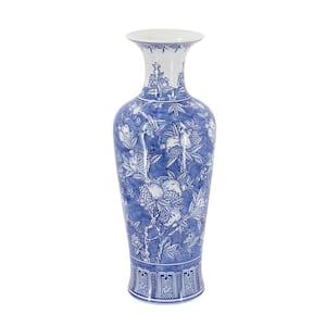 24 in. H Blue And White Cylinder Porcelain Accent Vase 1-PC  for Home Office and Entryway Decorative