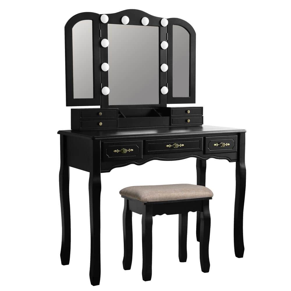 VEIKOUS Black Tri Folding Mirror Vanity Set with Light Vanity Set C01 - The Home Depot