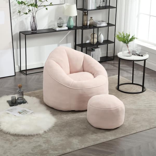 Pink Microfiber Bean Bag Chair with Ottoman, Foam Filled Lounge Seat for Bedroom, Living Room and Reading Room