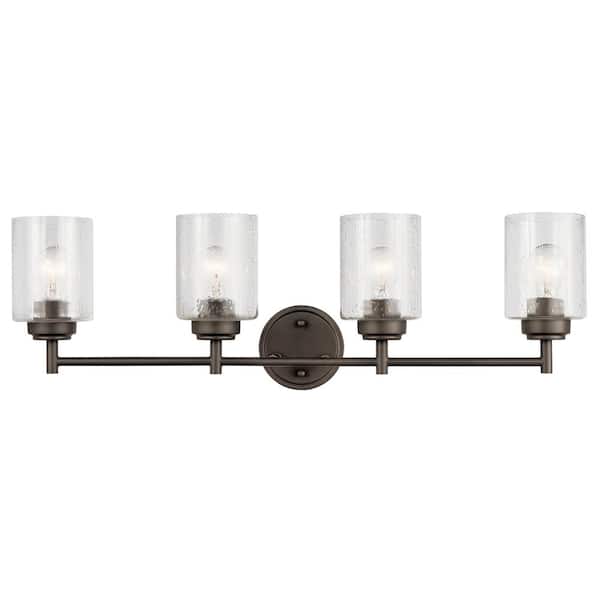 KICHLER Winslow 30 in. 4-Light Olde Bronze Contemporary Bathroom Vanity Light with Seeded Glass Shade
