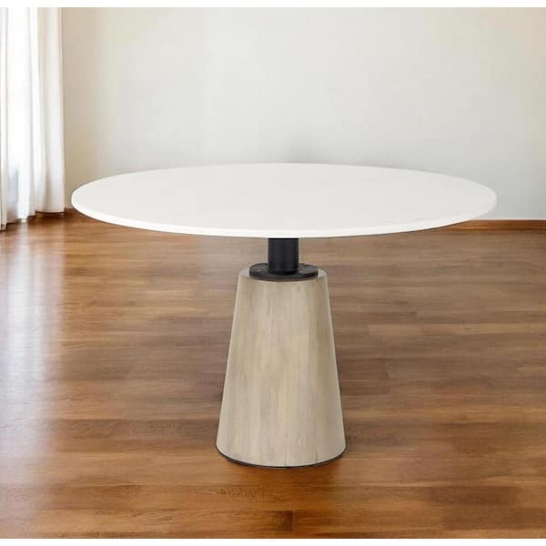 HomeRoots White and Natural Marble 48 in. Pedestal Dining Table Seats 2