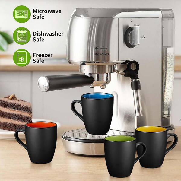 Numhew 12 oz. Black Porcelain Coffee Mug, Restaurant Cups for Coffee, Cappuccino, Black outside and Colorful inside (Set of 6)