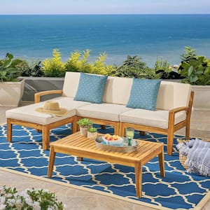 4 Piece Acacia Wood Outdoor Patio Sofa Sectional Chat Set with Solid Wood Coffee Table and Beige Cushions