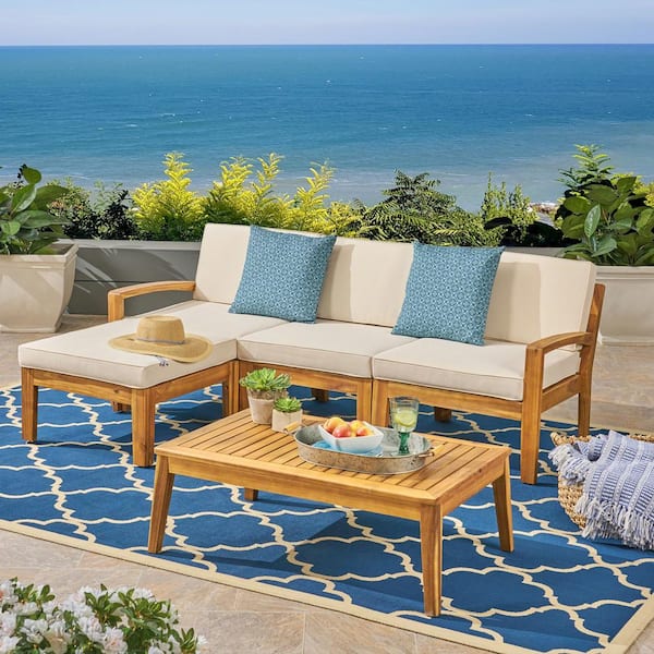 Unbranded 4 Piece Acacia Wood Outdoor Patio Sofa Sectional Chat Set with Solid Wood Coffee Table and Beige Cushions
