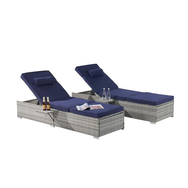 Sudzendf 2-Pieces PE Rattan Wicker Outdoor Patio Chaise Lounge with Cup Holder, Dark Blue Cushions
