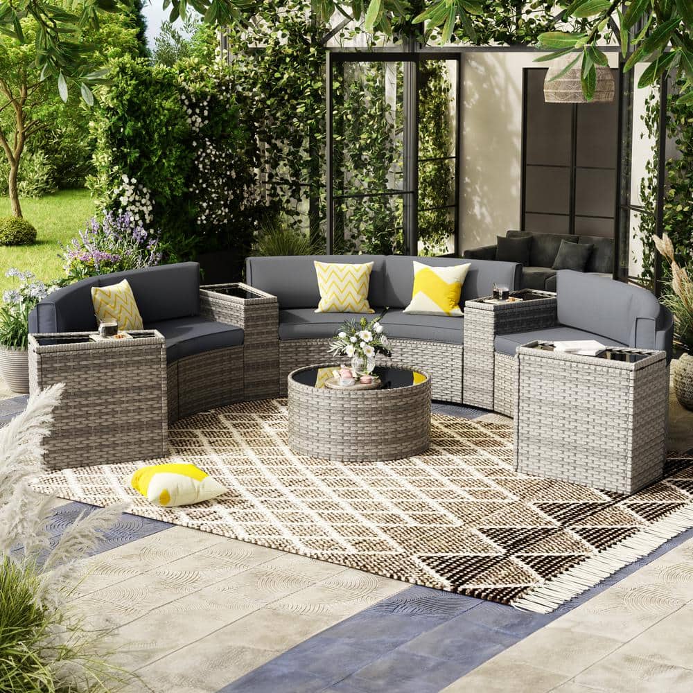 11-Piece Wicker Outdoor Patio Sectional Set with Textured Gray Cushions