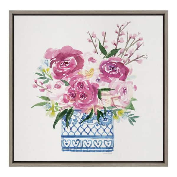 Kate and Laurel Sylvie "Pink Blooms in Chinoiserieby Patricia Shaw Framed Canvas Wall Art 24 in. x 24 in.